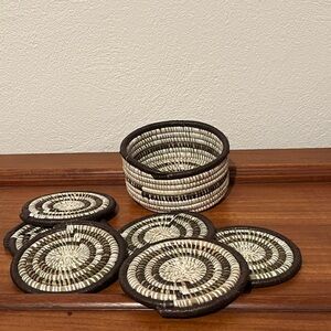 Handcrafted Black and Cream Coaster Set, handwoven pine needle coasters